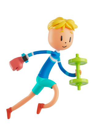 person cartoon character boy and girl with sports objects. 3d illustration. fitness activity action. man in a sports game. healthy concept. 3d ball. exercise action.smartphone smartwatch design.の写真素材