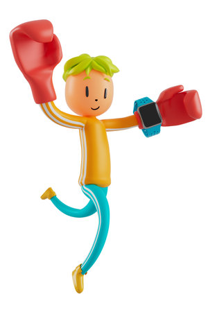 person cartoon character boy and girl with sports objects. 3d illustration. fitness activity action. man in a sports game. healthy concept. 3d ball. exercise action.smartphone smartwatch design.の写真素材