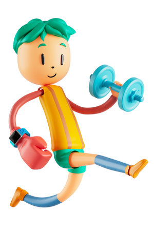 person cartoon character boy and girl with sports objects. 3d illustration. fitness activity action. man in a sports game. healthy concept. 3d ball. exercise action.smartphone smartwatch design.の写真素材