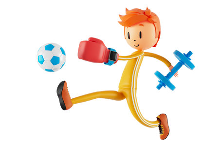 3d boy cartoon character in action with clipping path. 3d illustrator. sport activity. exercise fitness. workout training lifestyle. man player. technology VR. gym outdoor. cyberspace object concept.の写真素材