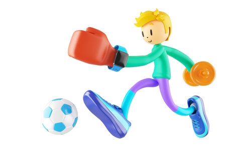 3d boy cartoon character in action with clipping path. 3d illustrator. sport activity. exercise fitness. workout training lifestyle. man player. technology VR. gym outdoor. cyberspace object concept.の写真素材