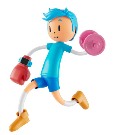 3d boy cartoon character in action with clipping path. 3d illustrator. sport activity. exercise fitness. workout training lifestyle. man player. technology VR. gym outdoor. cyberspace object concept.の写真素材