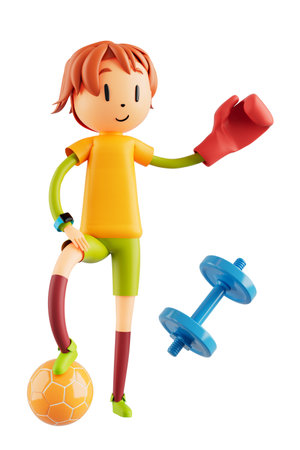3d boy cartoon character in action with clipping path. 3d illustrator. sport activity. exercise fitness. workout training lifestyle. man player. technology VR. gym outdoor. cyberspace object concept.の写真素材