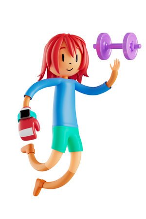 3d boy cartoon character in action with clipping path. 3d illustrator. sport activity. exercise fitness. workout training lifestyle. man player. technology VR. gym outdoor. cyberspace object concept.の写真素材