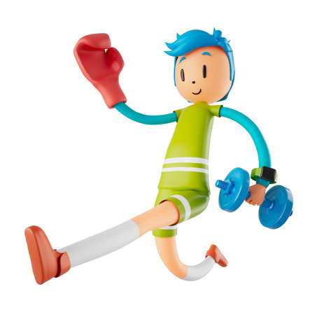3d boy cartoon character in action with clipping path. 3d illustrator. sport activity. exercise fitness. workout training lifestyle. man player. technology VR. gym outdoor. cyberspace object concept.の写真素材
