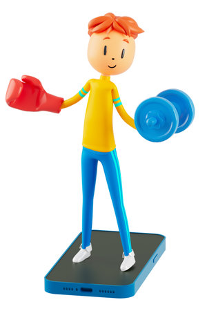 3d boy cartoon character in action with clipping path. 3d illustrator. sport activity. exercise fitness. workout training lifestyle. man player. technology VR. gym outdoor. cyberspace object concept.の写真素材