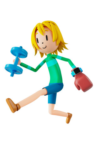 3d boy cartoon character in action with clipping path. 3d illustrator. sport activity. exercise fitness. workout training lifestyle. man player. technology VR. gym outdoor. cyberspace object concept.の写真素材