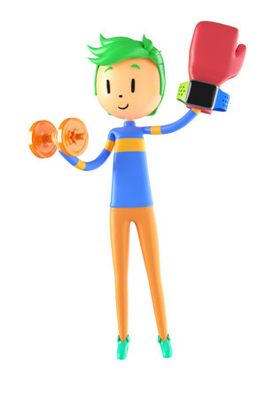 3d boy cartoon character in action with clipping path. 3d illustrator. sport activity. exercise fitness. workout training lifestyle. man player. technology VR. gym outdoor. cyberspace object concept.の写真素材