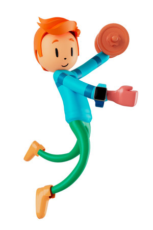 3d boy cartoon character in action with clipping path. 3d illustrator. sport activity. exercise fitness. workout training lifestyle. man player. technology VR. gym outdoor. cyberspace object concept.の写真素材
