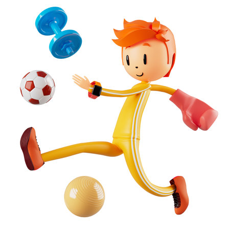 person cartoon character boy and girl with sports objects. 3d illustration. fitness activity action. man in a sports game. healthy concept. 3d ball. exercise action.smartphone smartwatch design.の写真素材