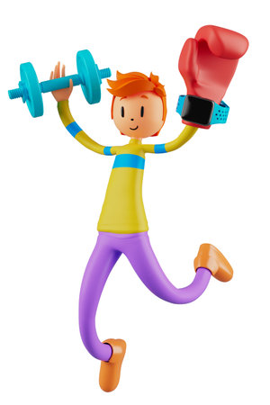 person cartoon character boy and girl with sports objects. 3d illustration. fitness activity action. man in a sports game. healthy concept. 3d ball. exercise action.smartphone smartwatch design.の写真素材