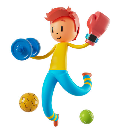 person cartoon character boy and girl with sports objects. 3d illustration. fitness activity action. man in a sports game. healthy concept. 3d ball. exercise action.smartphone smartwatch design.の写真素材
