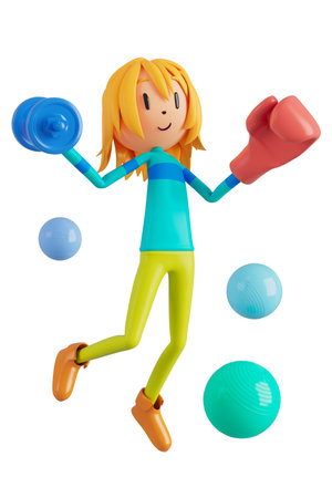 person cartoon character boy and girl with sports objects. 3d illustration. fitness activity action. man in a sports game. healthy concept. 3d ball. exercise action.smartphone smartwatch design.の写真素材