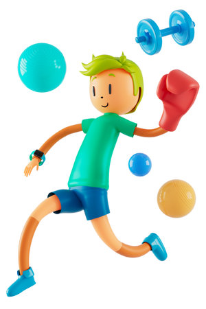 person cartoon character boy and girl with sports objects. 3d illustration. fitness activity action. man in a sports game. healthy concept. 3d ball. exercise action.smartphone smartwatch design.の写真素材