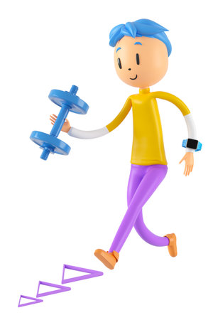 person cartoon character boy and girl with sports objects. 3d illustration. fitness activity action. man in a sports game. healthy concept. 3d ball. exercise action.smartphone smartwatch design.の写真素材