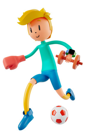 3d boy cartoon character in action with clipping path. 3d illustrator. sport activity. exercise fitness. workout training lifestyle. man player. technology VR. gym outdoor. cyberspace object concept.の写真素材
