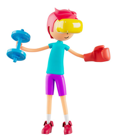 3d boy cartoon character in action with clipping path. 3d illustrator. sport activity. exercise fitness. workout training lifestyle. man player. technology VR. gym outdoor. cyberspace object concept.の写真素材