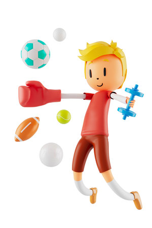 3d boy cartoon character in action with clipping path. 3d illustrator. sport activity. exercise fitness. workout training lifestyle. man player. technology VR. gym outdoor. cyberspace object concept.の写真素材