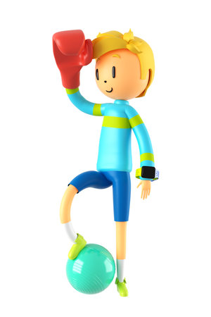 3d boy cartoon character in action with clipping path. 3d illustrator. sport activity. exercise fitness. workout training lifestyle. man player. technology VR. gym outdoor. cyberspace object concept.の写真素材