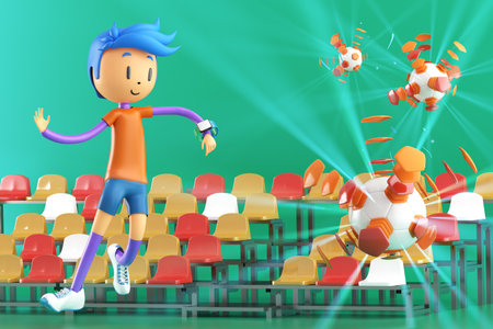3D boy character football player in soccer action. 3d illustration. sports background concept. men kick motion. sports action person. graphic wallpaper. cartoon game soccer. creative poster layoutの写真素材