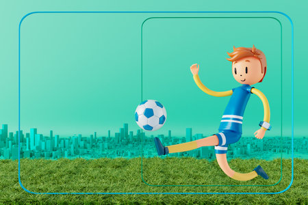 3D boy character football player in soccer action. 3d illustration. sports background concept. men kick motion. sports action person. graphic wallpaper. cartoon game soccer. creative poster layoutの写真素材