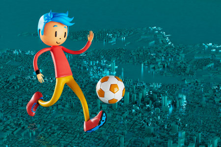 3D boy character football player in soccer action. 3d illustration. sports background concept. men kick motion. sports action person. graphic wallpaper. cartoon game soccer. creative poster layoutの写真素材