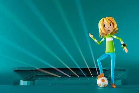 3D boy character football player in soccer action. 3d illustration. sports background concept. men kick motion. sports action person. graphic wallpaper. cartoon game soccer. creative poster layoutの写真素材