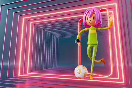3D boy character football player in soccer action. 3d illustration. sports background concept. men kick motion. sports action person. graphic wallpaper. cartoon game soccer. creative poster layoutの写真素材