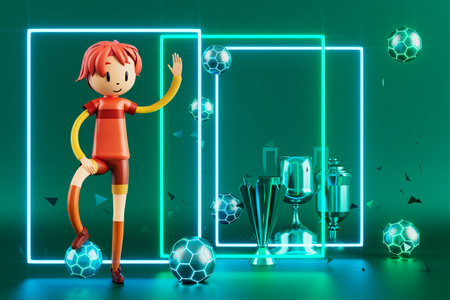3D boy character football player in soccer action. 3d illustration. sports background concept. men kick motion. sports action person. graphic wallpaper. cartoon game soccer. creative poster layoutの写真素材