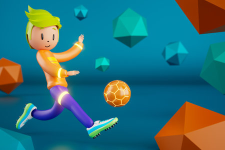 3D boy character football player in soccer action. 3d illustration. sports background concept. men kick motion. sports action person. graphic wallpaper. cartoon game soccer. creative poster layoutの写真素材