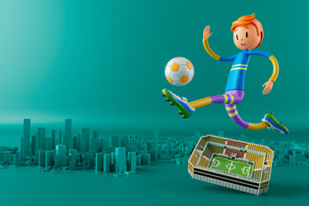 3D boy character football player in soccer action. 3d illustration. sports background concept. men kick motion. sports action person. graphic wallpaper. cartoon game soccer. creative poster layoutの写真素材