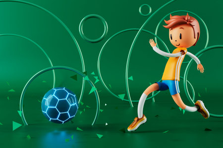 3D boy character football player in soccer action. 3d illustration. sports background concept. men kick motion. sports action person. graphic wallpaper. cartoon game soccer. creative poster layoutの写真素材