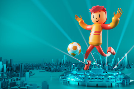 3D boy character football player in soccer action. 3d illustration. sports background concept. men kick motion. sports action person. graphic wallpaper. cartoon game soccer. creative poster layoutの写真素材