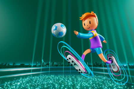 3D boy character football player in soccer action. 3d illustration. sports background concept. men kick motion. sports action person. graphic wallpaper. cartoon game soccer. creative poster layoutの写真素材