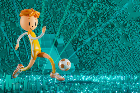 3D boy character football player in soccer action. 3d illustration. sports background concept. men kick motion. sports action person. graphic wallpaper. cartoon game soccer. creative poster layoutの写真素材