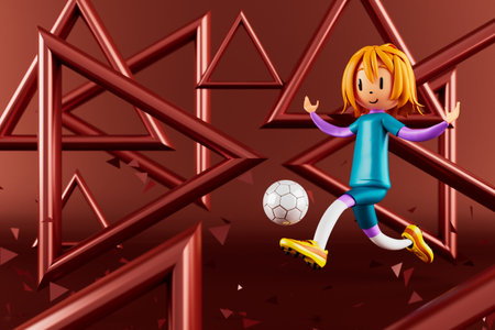 3D boy character football player in soccer action. 3d illustration. sports background concept. men kick motion. sports action person. graphic wallpaper. cartoon game soccer. creative poster layoutの写真素材