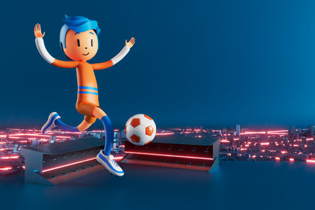 3D boy character football player in soccer action. 3d illustration. sports background concept. men kick motion. sports action person. graphic wallpaper. cartoon game soccer. creative poster layoutの写真素材