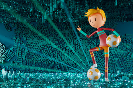 3D boy character football player in soccer action. 3d illustration. sports background concept. men kick motion. sports action person. graphic wallpaper. cartoon game soccer. creative poster layoutの写真素材