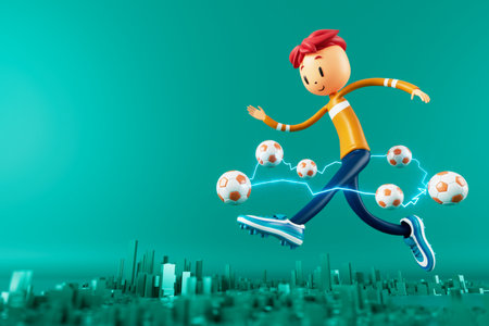 3D boy character football player in soccer action. 3d illustration. sports background concept. men kick motion. sports action person. graphic wallpaper. cartoon game soccer. creative poster layoutの写真素材