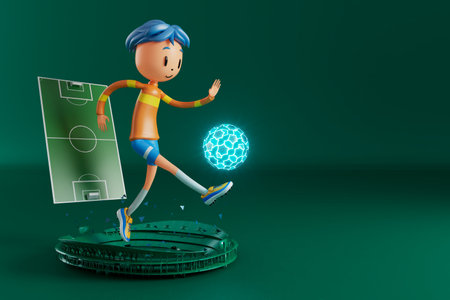 3D boy character football player in soccer action. 3d illustration. sports background concept. men kick motion. sports action person. graphic wallpaper. cartoon game soccer. creative poster layoutの写真素材