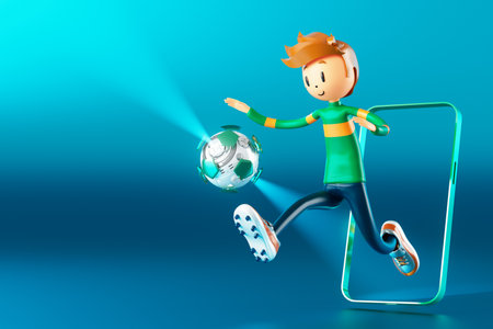 3D boy character football player in soccer action. 3d illustration. sports background concept. men kick motion. sports action person. graphic wallpaper. cartoon game soccer. creative poster layoutの写真素材