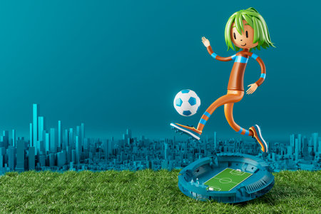 3D boy character football player in soccer action. 3d illustration. sports background concept. men kick motion. sports action person. graphic wallpaper. cartoon game soccer. creative poster layoutの写真素材