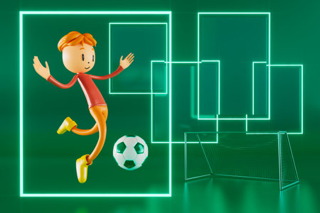 3D boy character football player in soccer action. 3d illustration. sports background concept. men kick motion. sports action person. graphic wallpaper. cartoon game soccer. creative poster layoutの写真素材