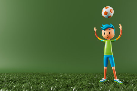 3D boy character football player in soccer action. 3d illustration. sports background concept. men kick motion. sports action person. graphic wallpaper. cartoon game soccer. creative poster layoutの写真素材