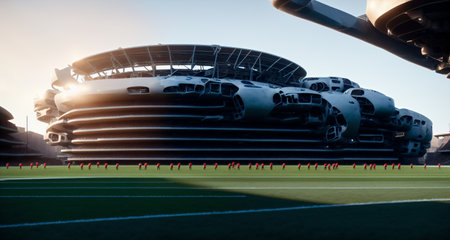 futuristic sports arena stadium.Ai generate illustrator. hi-tech architecture building dome. future hall technology background. competition sports program. abstract concept design. widescreen shot.の素材