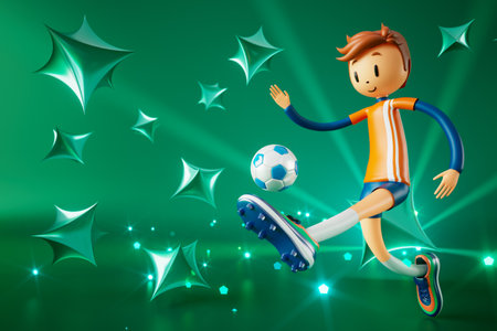 3D boy character football player in soccer action. 3d illustration. sports background concept. men kick motion. sports action person. graphic wallpaper. cartoon game soccer. creative poster layoutの写真素材