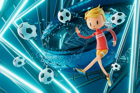 3D boy character football player in soccer action. 3d illustration. sports background concept. men kick motion. sports action person. graphic wallpaper. cartoon game soccer. creative poster layoutの写真素材