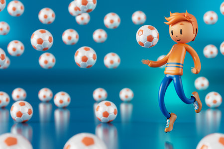 3D boy character football player in soccer action. 3d illustration. sports background concept. men kick motion. sports action person. graphic wallpaper. cartoon game soccer. creative poster layoutの写真素材