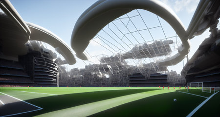futuristic sports arena stadium.Ai generate illustrator. hi-tech architecture building dome. future hall technology background. competition sports program. abstract concept design. widescreen shot.の素材