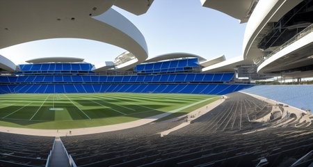 futuristic sports arena stadium.Ai generate illustrator. hi-tech architecture building dome. future hall technology background. competition sports program. abstract concept design. widescreen shot.の素材